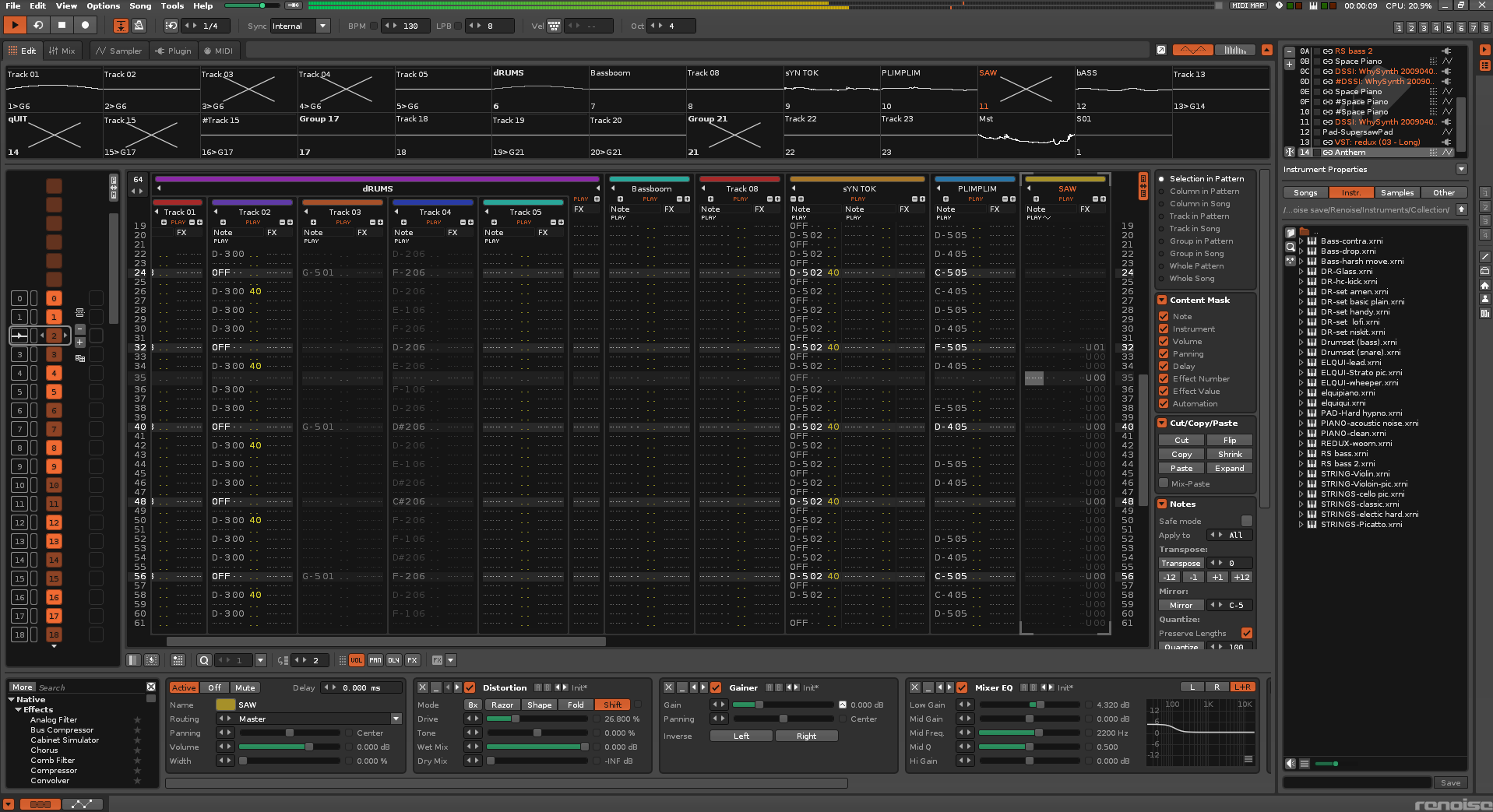 Varhaisissa trackereissa oli vaatimaton määrä kanavia, eikä käytännössä säätöjä juuri mihinkään. Kaikki tehtiin koodeilla. Renoisessa koodit on yhä käytössä, mutta myös kanavia niin paljon kuin jaksaa klikkailla, ryhmitykset ym. herkut ja kanavakotaiset blugarit. Silti tuntuu ja on yhä ehta trackeri