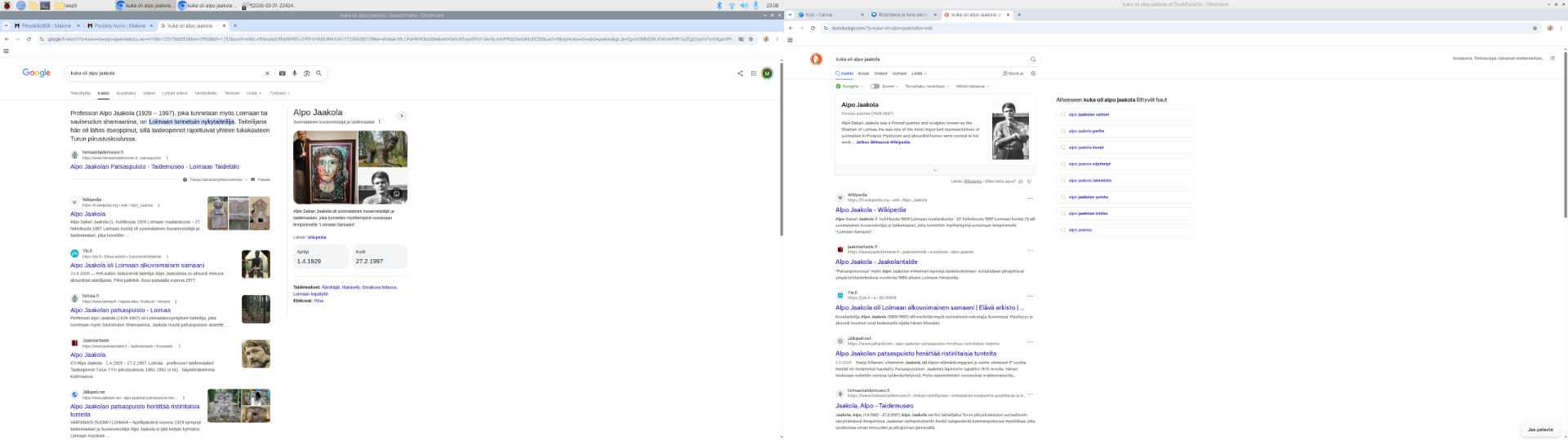 Tässä kuvankaappaus, jossa on haettu "kuka oli alpo jaakola" sekä Googlesta että DuckDuckGo:sta.