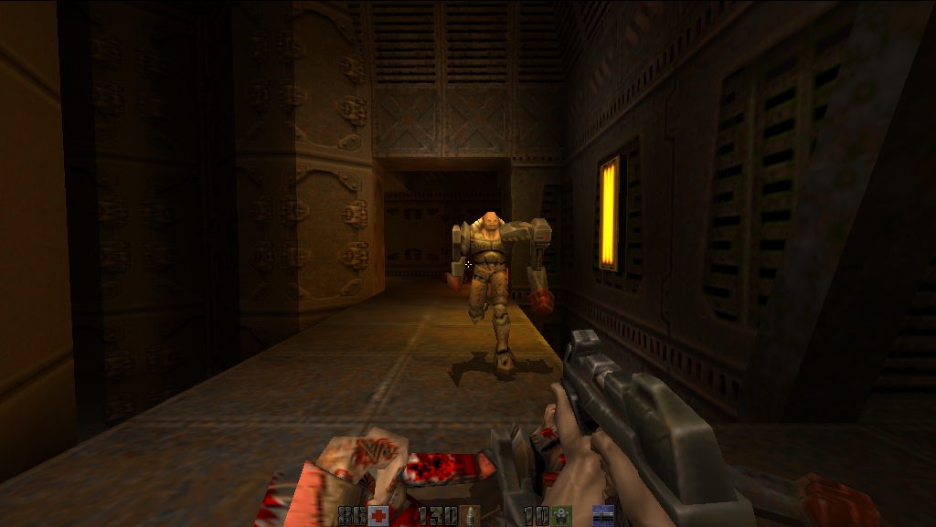 Quake 2:ssa mötöt oli enemmän kyberneettisiä. Sen erikoisempaa cyper- tai steampunk -meininkiä ei kuitenkaan ollut. Oikeastaan en edes tiedä mihin peli sijoittuu ja mitä vastaan siinä taistellaan. Kunhan taistellaan.